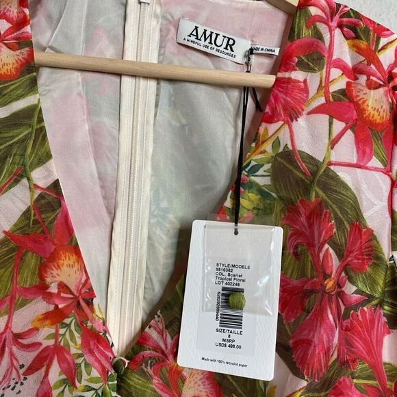 NEW AMUR Dress Floral Tropical Puff Sleeve Mini Dress Red Size 8 - Picture 6 of 9